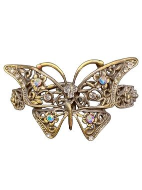 Gold Butterfly Filigree Hinged Cuff Bracelet with Aurora Crystal Accents